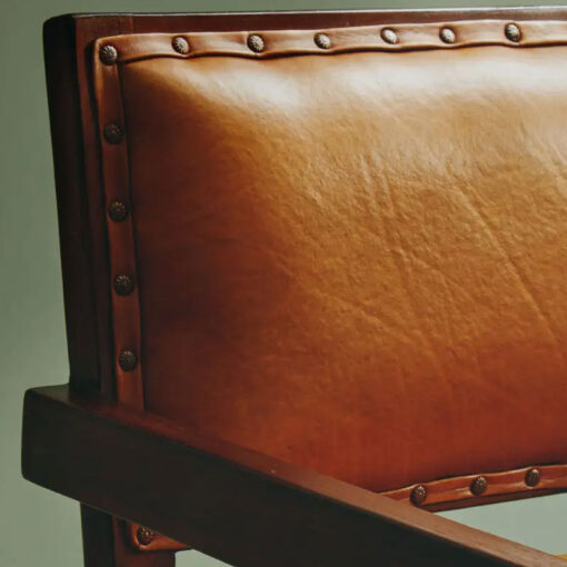 Industrial Genuine Tan Brown Leather Armchair With Solid Brown Teak Wood Angular Legs