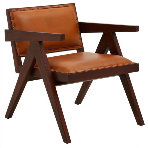 Industrial Genuine Tan Brown Leather Armchair With Solid Brown Teak Wood Angular Legs