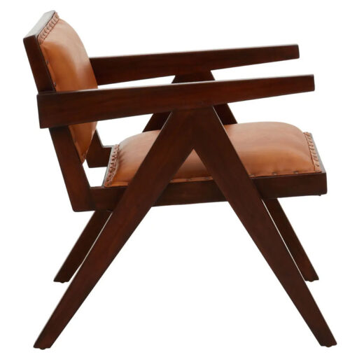Industrial Genuine Tan Brown Leather Armchair With Solid Brown Teak Wood Angular Legs
