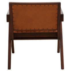 Industrial Genuine Tan Brown Leather Armchair With Solid Brown Teak Wood Angular Legs