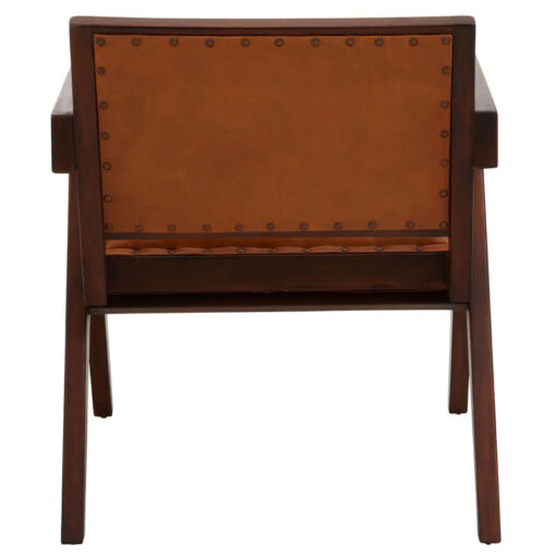 Industrial Genuine Tan Brown Leather Armchair With Solid Brown Teak Wood Angular Legs