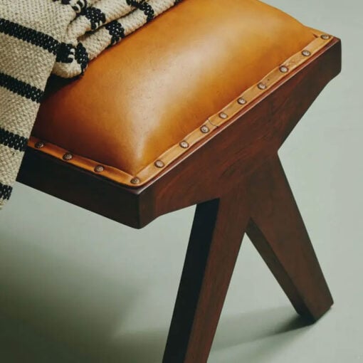 Industrial Genuine Tan Brown Leather Dining Hallway Bench With Solid Teak Wood Angular Legs 120cm