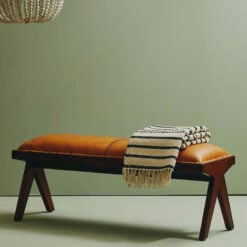Industrial Genuine Tan Brown Leather Dining Hallway Bench With Solid Teak Wood Angular Legs 120cm