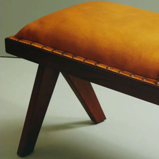 Industrial Genuine Tan Brown Leather Dining Hallway Bench With Solid Teak Wood Angular Legs 120cm