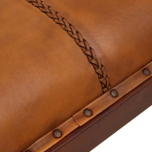Industrial Genuine Tan Brown Leather Dining Hallway Bench With Solid Teak Wood Angular Legs 120cm