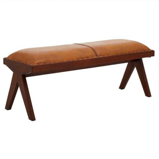 Industrial Genuine Tan Brown Leather Dining Hallway Bench With Solid Teak Wood Angular Legs 120cm