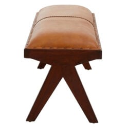 Industrial Genuine Tan Brown Leather Dining Hallway Bench With Solid Teak Wood Angular Legs 120cm