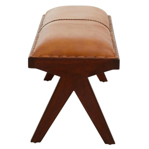 Industrial Genuine Tan Brown Leather Dining Hallway Bench With Solid Teak Wood Angular Legs 120cm