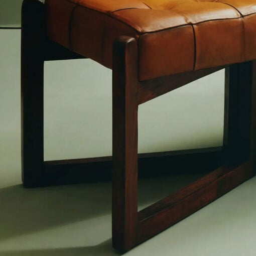 Industrial Genuine Tan Brown Leather Tufted Dining Hallway Bench With Brown Solid Cedar Wood Legs 127cm