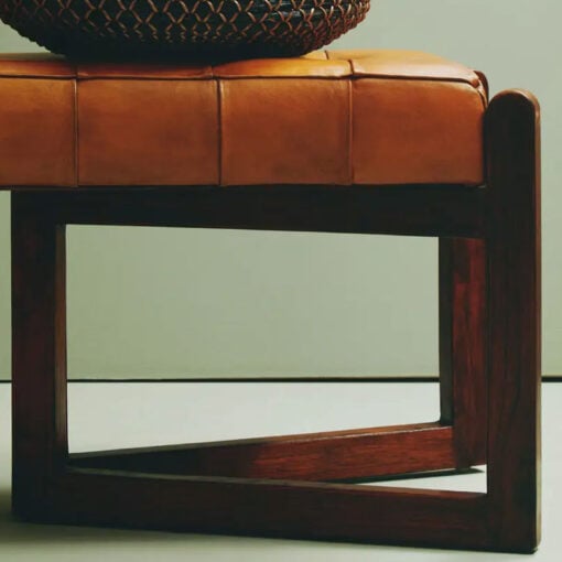 Industrial Genuine Tan Brown Leather Tufted Dining Hallway Bench With Brown Solid Cedar Wood Legs 127cm