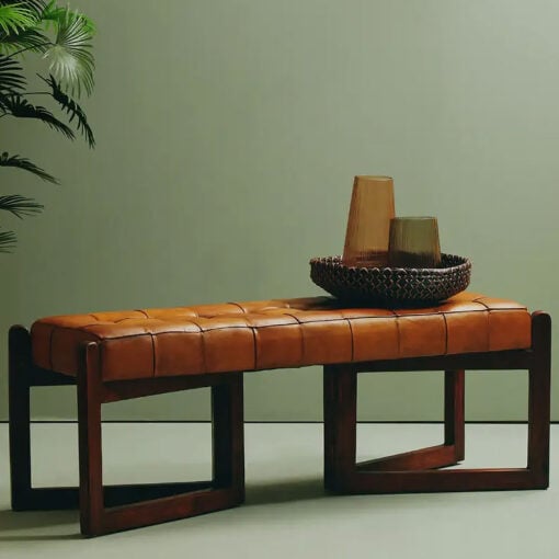 Industrial Genuine Tan Brown Leather Tufted Dining Hallway Bench With Brown Solid Cedar Wood Legs 127cm