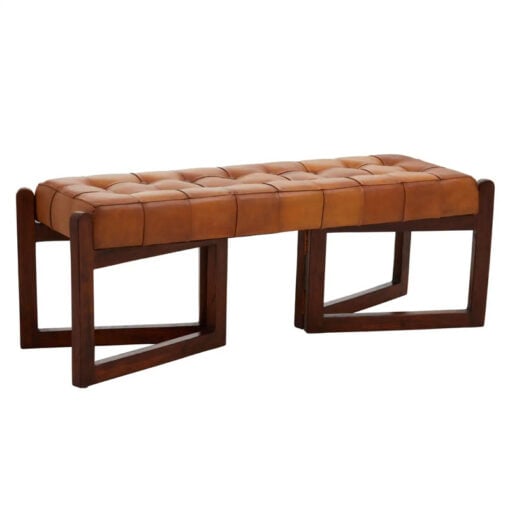 Industrial Genuine Tan Brown Leather Tufted Dining Hallway Bench With Brown Solid Cedar Wood Legs 127cm