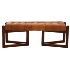 Industrial Genuine Tan Brown Leather Tufted Dining Hallway Bench With Brown Solid Cedar Wood Legs 127cm