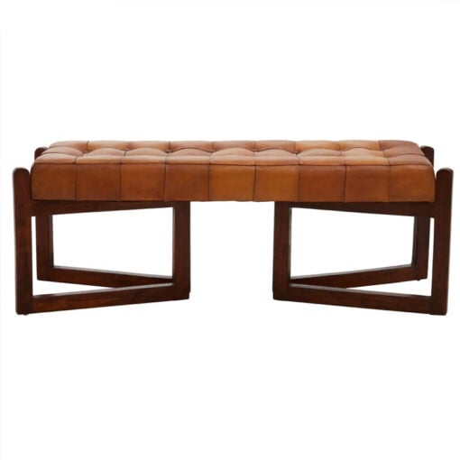 Industrial Genuine Tan Brown Leather Tufted Dining Hallway Bench With Brown Solid Cedar Wood Legs 127cm