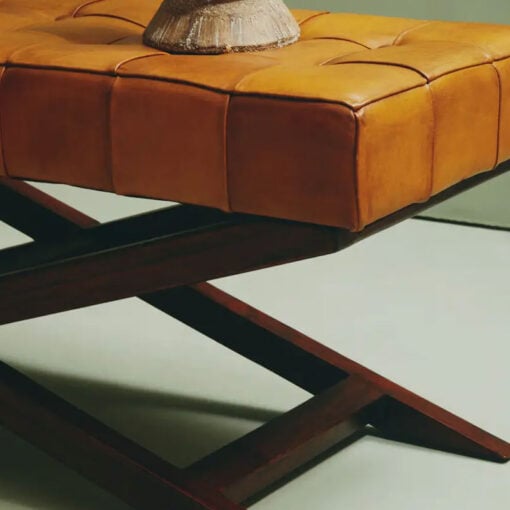 Industrial Genuine Tan Brown Leather Tufted Dining Hallway Bench With Brown Solid Cedar Wood X Shaped Legs 121cm