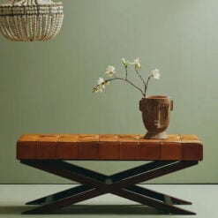 Industrial Genuine Tan Brown Leather Tufted Dining Hallway Bench With Brown Solid Cedar Wood X Shaped Legs 121cm