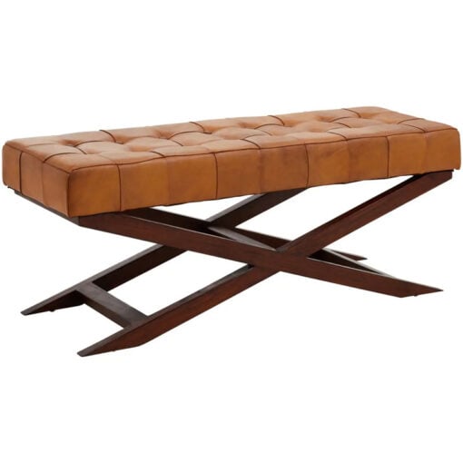 Industrial Genuine Tan Brown Leather Tufted Dining Hallway Bench With Brown Solid Cedar Wood X Shaped Legs 121cm
