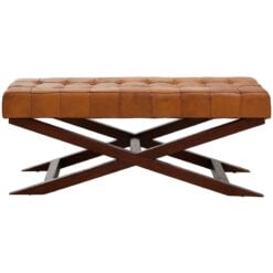 Industrial Genuine Tan Brown Leather Tufted Dining Hallway Bench With Brown Solid Cedar Wood X Shaped Legs 121cm