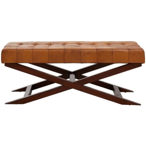 Industrial Genuine Tan Brown Leather Tufted Dining Hallway Bench With Brown Solid Cedar Wood X Shaped Legs 121cm