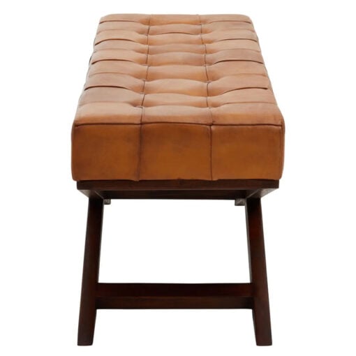 Industrial Genuine Tan Brown Leather Tufted Dining Hallway Bench With Brown Solid Cedar Wood X Shaped Legs 121cm