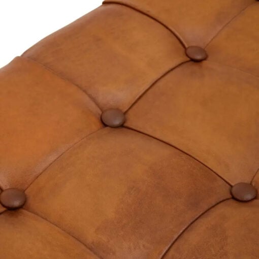 Industrial Genuine Tan Brown Leather Tufted Dining Hallway Bench With Brown Solid Cedar Wood X Shaped Legs 121cm
