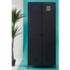 Industrial Locker Style Black Metal 2 Door Wardrobe 180cm