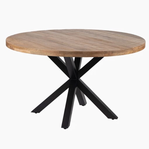 Industrial Rustic Round Solid Mango Wood 4 Seater Dining Table With Black Metal X Cross Base 130cm