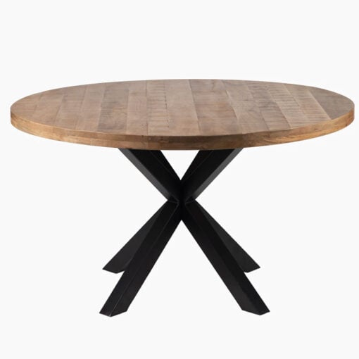 Industrial Rustic Round Solid Mango Wood 4 Seater Dining Table With Black Metal X Cross Base 130cm