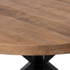 Industrial Rustic Round Solid Mango Wood 4 Seater Dining Table With Black Metal X Cross Base 130cm