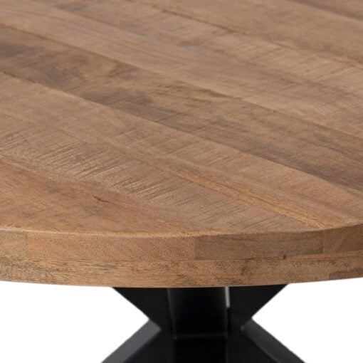 Industrial Rustic Round Solid Mango Wood 4 Seater Dining Table With Black Metal X Cross Base 130cm