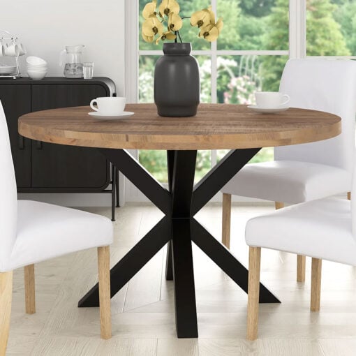 Industrial Rustic Round Solid Mango Wood 4 Seater Dining Table With Black Metal X Cross Base 130cm