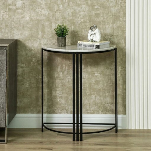 Industrial Small Slim Half Moon Black Metal And White Marble Console Table
