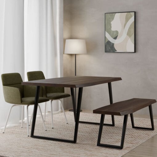Industrial Solid Dark Walnut Finish Acacia Wood And Black Metal 6 Seater Live Edge Dining Table 150cm