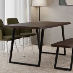 Industrial Solid Dark Walnut Finish Acacia Wood And Black Metal 6 Seater Live Edge Dining Table 150cm