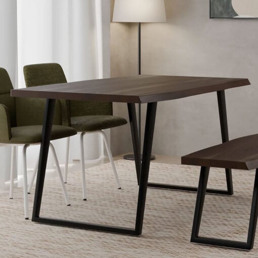 Industrial Solid Dark Walnut Finish Acacia Wood And Black Metal 6 Seater Live Edge Dining Table 150cm