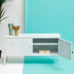 Industrial White Metal Locker Style 2 Door Cabinet Low Sideboard 118cm
