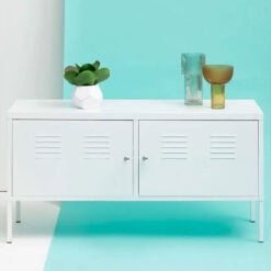 Industrial White Metal Locker Style 2 Door Cabinet Low Sideboard 118cm