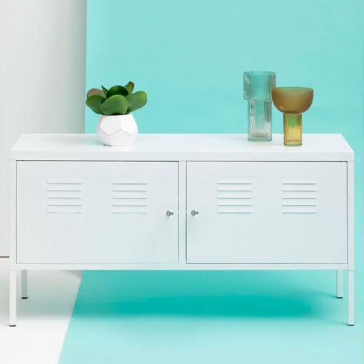 Industrial White Metal Locker Style 2 Door Cabinet Low Sideboard 118cm