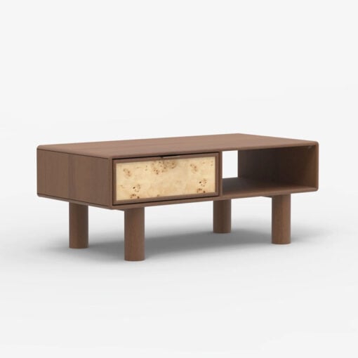 Japandi Boho Rustic Solid Dark Walnut Mango Wood And Burl Wood 1 Drawer 2 Tier Coffee Table 100cm