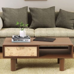 Japandi Boho Rustic Solid Dark Walnut Mango Wood And Burl Wood 1 Drawer 2 Tier Coffee Table 100cm