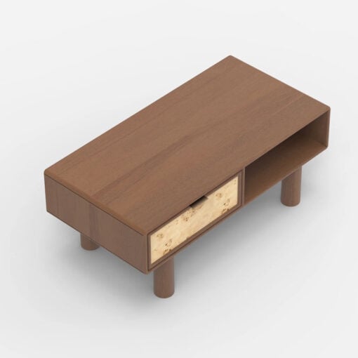 Japandi Boho Rustic Solid Dark Walnut Mango Wood And Burl Wood 1 Drawer 2 Tier Coffee Table 100cm