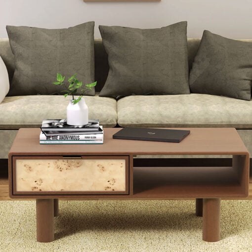 Japandi Boho Rustic Solid Dark Walnut Mango Wood And Burl Wood 1 Drawer 2 Tier Coffee Table 100cm
