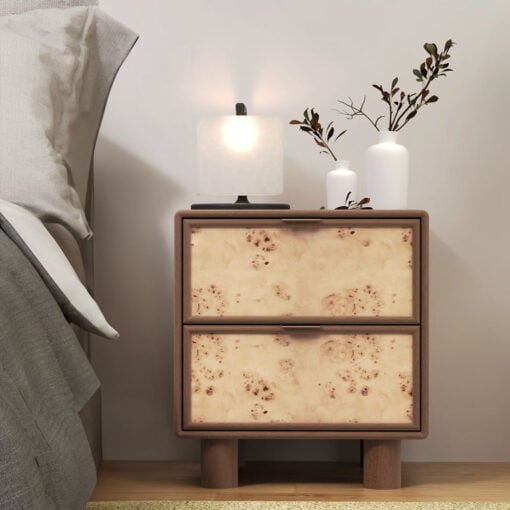 Japandi Boho Rustic Solid Dark Walnut Mango Wood And Burl Wood 2 Drawer Bedside Cabinet Side Table