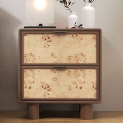 Japandi Boho Rustic Solid Dark Walnut Mango Wood And Burl Wood 2 Drawer Bedside Cabinet Side Table