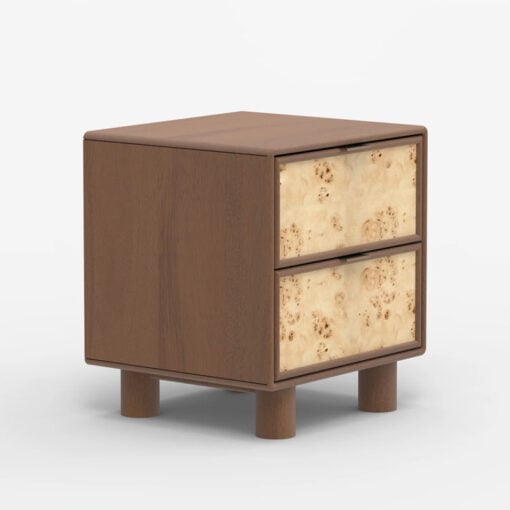 Japandi Boho Rustic Solid Dark Walnut Mango Wood And Burl Wood 2 Drawer Bedside Cabinet Side Table