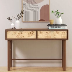 Japandi Boho Rustic Solid Dark Walnut Mango Wood And Burl Wood 2 Drawer Console Table
