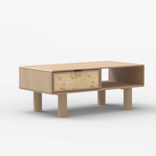 Japandi Boho Rustic Solid Light Mango Wood And Burl Wood 1 Drawer 2 Tier Coffee Table 100cm