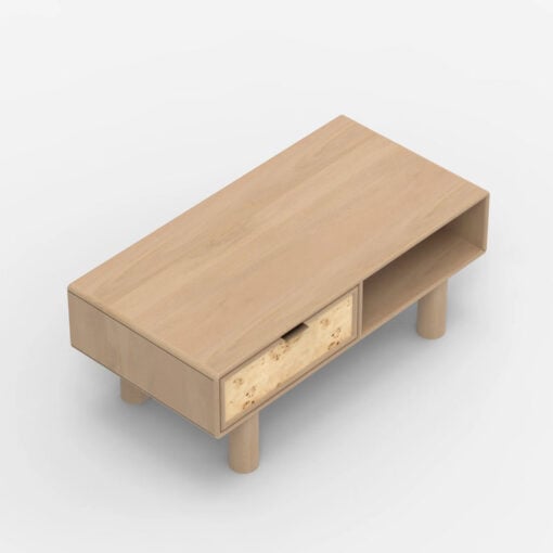 Japandi Boho Rustic Solid Light Mango Wood And Burl Wood 1 Drawer 2 Tier Coffee Table 100cm