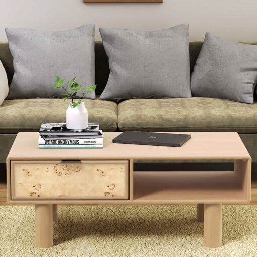 Japandi Boho Rustic Solid Light Mango Wood And Burl Wood 1 Drawer 2 Tier Coffee Table 100cm