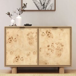 Japandi Boho Rustic Solid Light Mango Wood And Burl Wood 2 Door Cabinet Sideboard 100cm